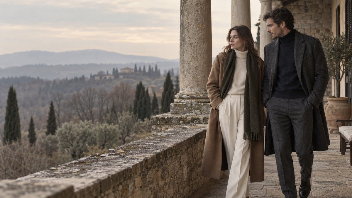 Two people in coats and knitwear walking along a stone colonnade overlooking hills