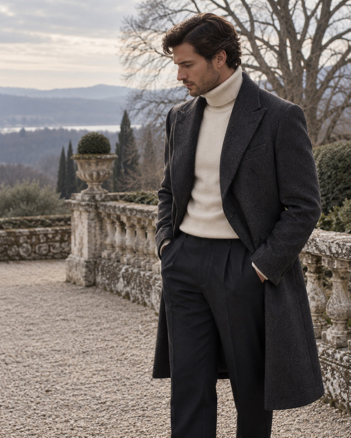 A man in a charcoal coat and cream turtleneck standing on a stone terrace overlooking hills